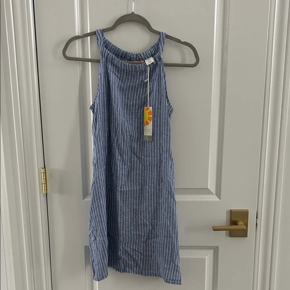 Blue Striped Sleeveless Dress linen 55%